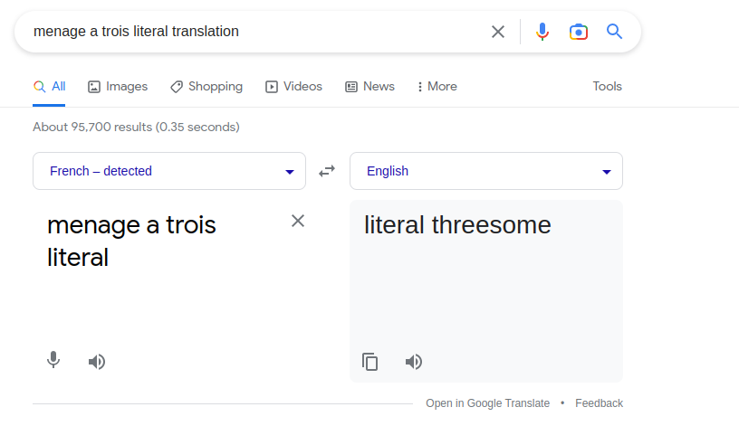 Screenshot of google search results for literal translation of menage a trois